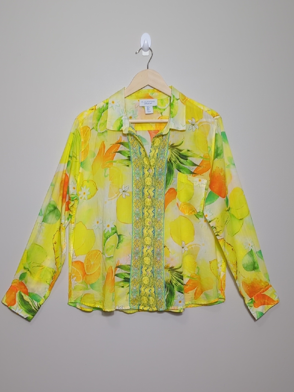 Calypso St Barth Women's Blouse Tropical Lemon Pineapple Lightweight Large Beach